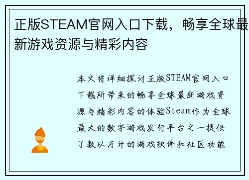 正版STEAM官网入口下载，畅享全球最新游戏资源与精彩内容