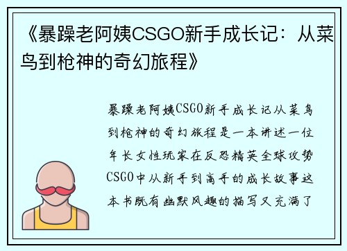 《暴躁老阿姨CSGO新手成长记：从菜鸟到枪神的奇幻旅程》