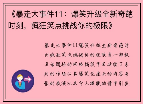 《暴走大事件11：爆笑升级全新奇葩时刻，疯狂笑点挑战你的极限》
