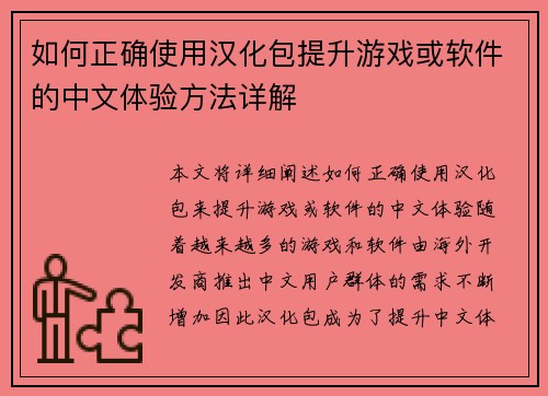 如何正确使用汉化包提升游戏或软件的中文体验方法详解